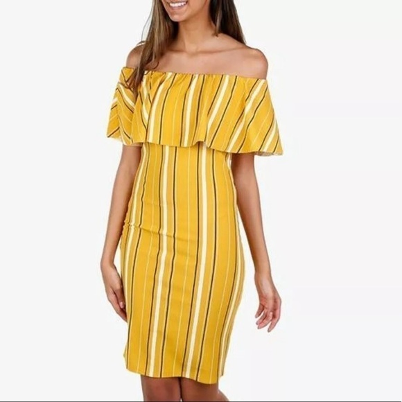 𝅺ALMOST Famous  Junior Womens L Mustard Black Stripe Off The Shoulder - Picture 1 of 6